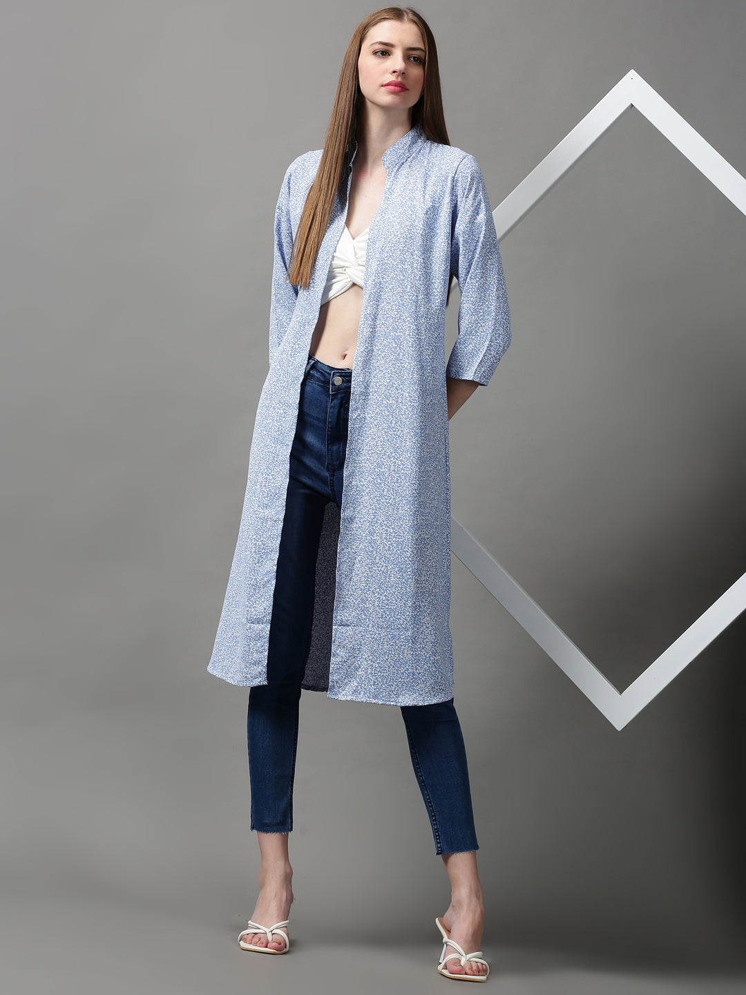 Women's Blue Printed Longline Shrug