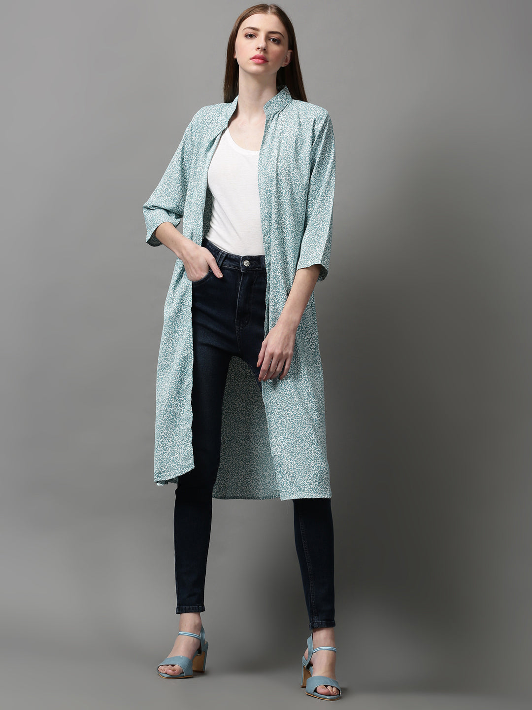 Women's Green Printed Longline Shrug