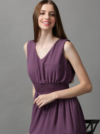 Women's Violet Solid V-Neck Tiered Midi Dress