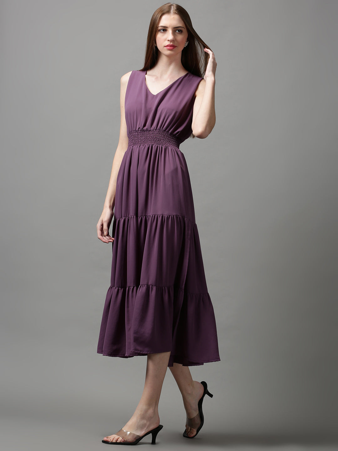 Women's Purple Solid Fit and Flare Dress