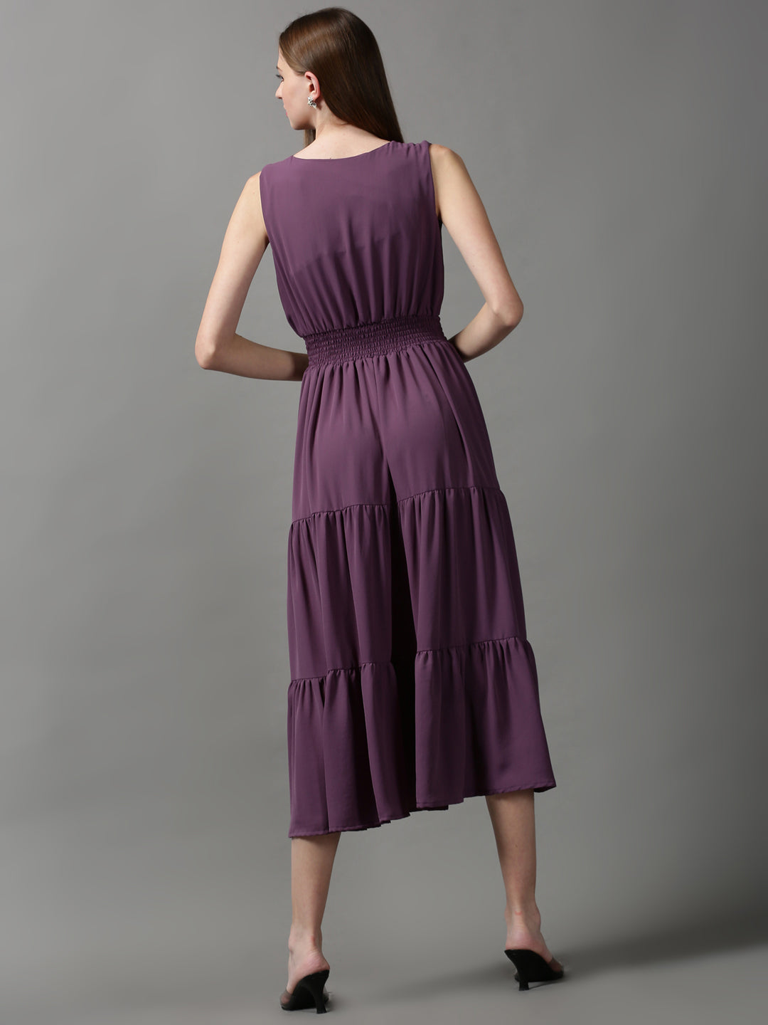 Women's Purple Solid Fit and Flare Dress