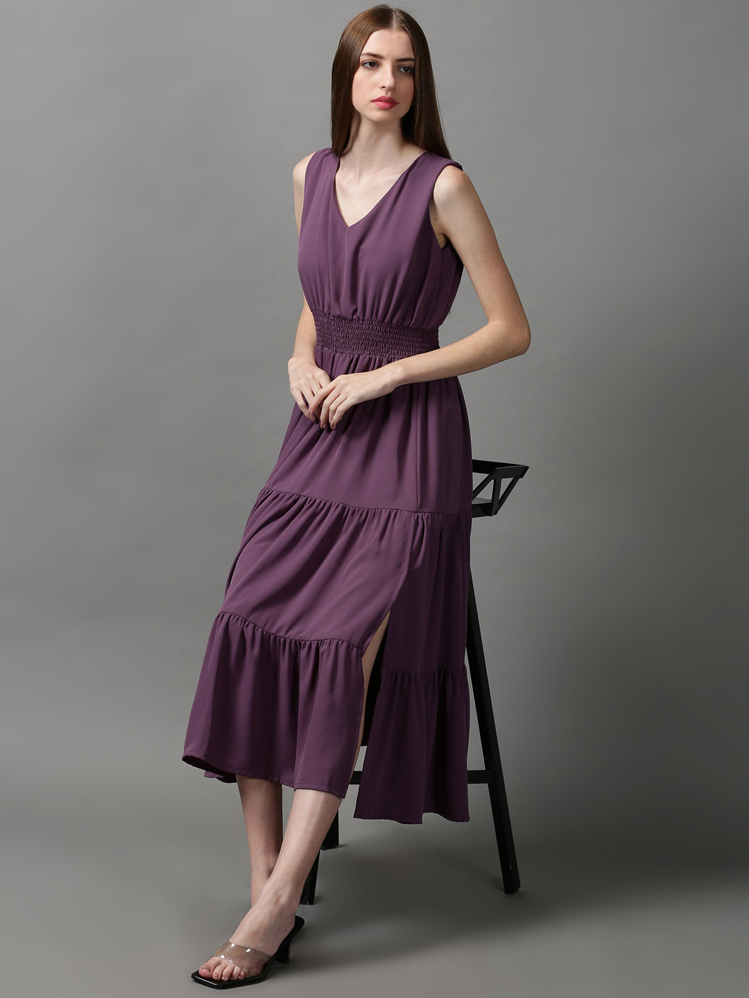 Women's Purple Solid Fit and Flare Dress