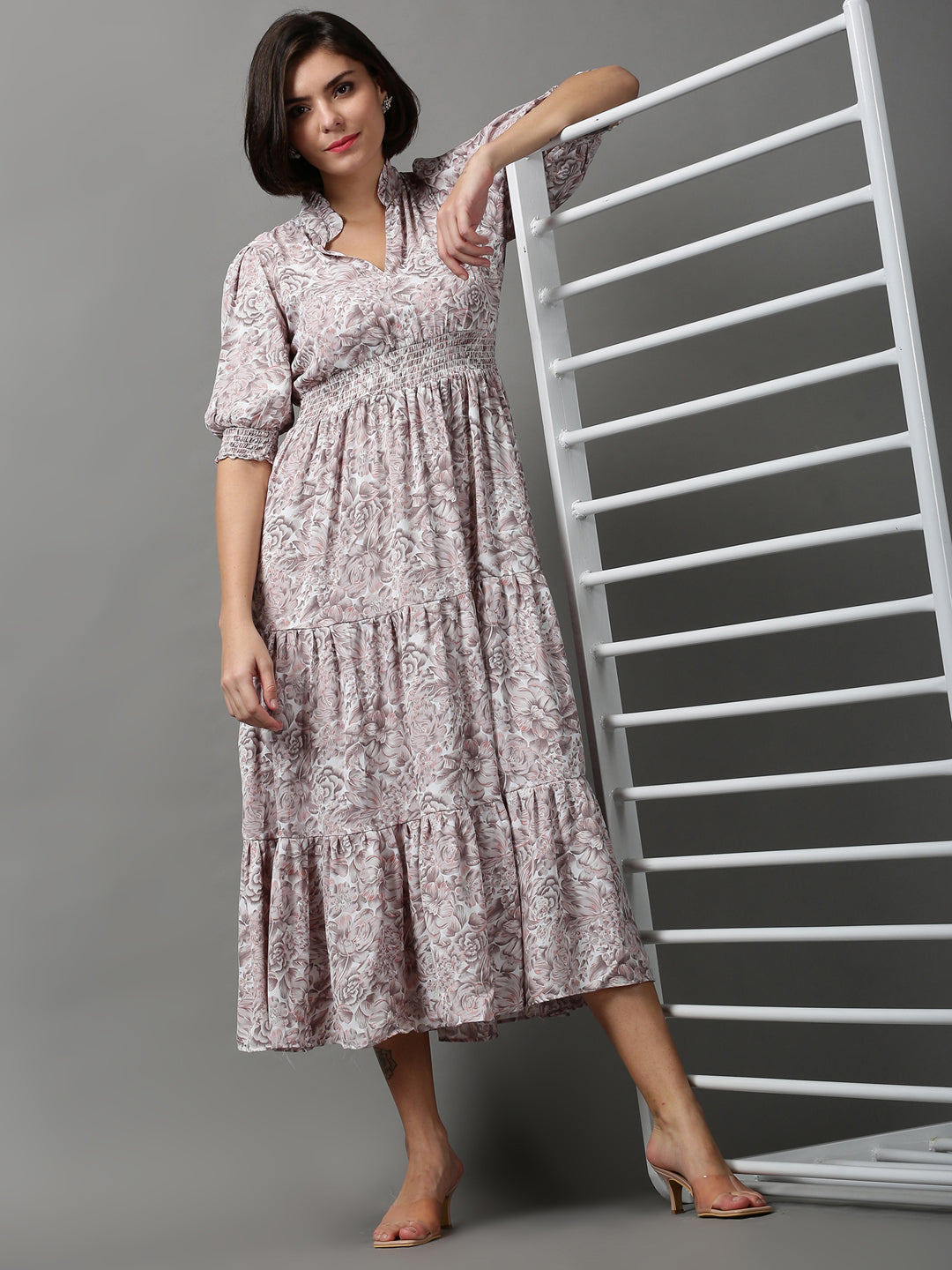 Women's Grey Printed Fit and Flare Dress