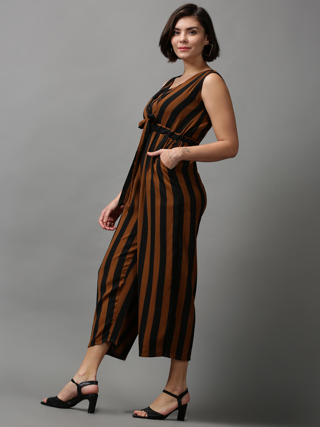 Women's Brown Striped Jumpsuit