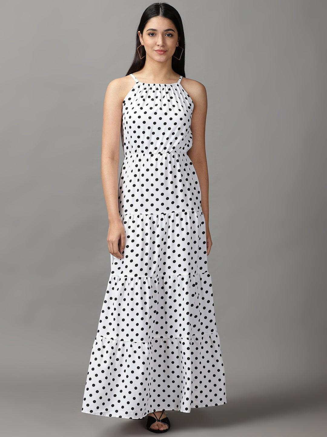 Women's White Polka Dots Fit and Flare Dress