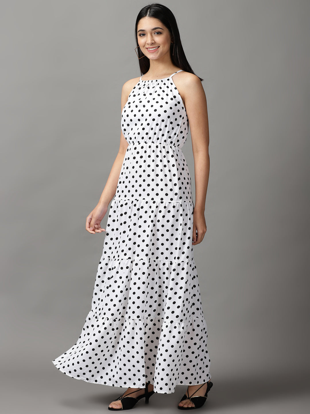 Women's White Polka Dots Fit and Flare Dress