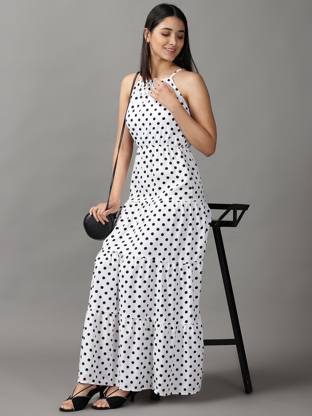 Women's White Polka Dots Fit and Flare Dress