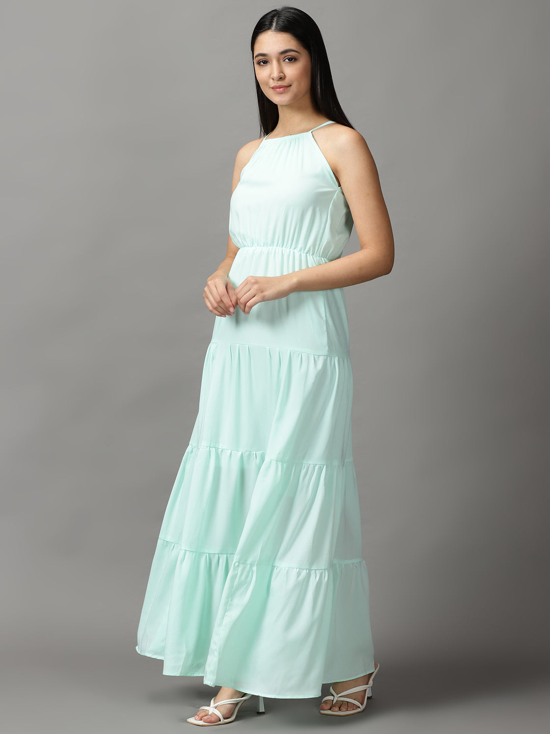 Women's Sea Green Solid Fit and Flare Dress