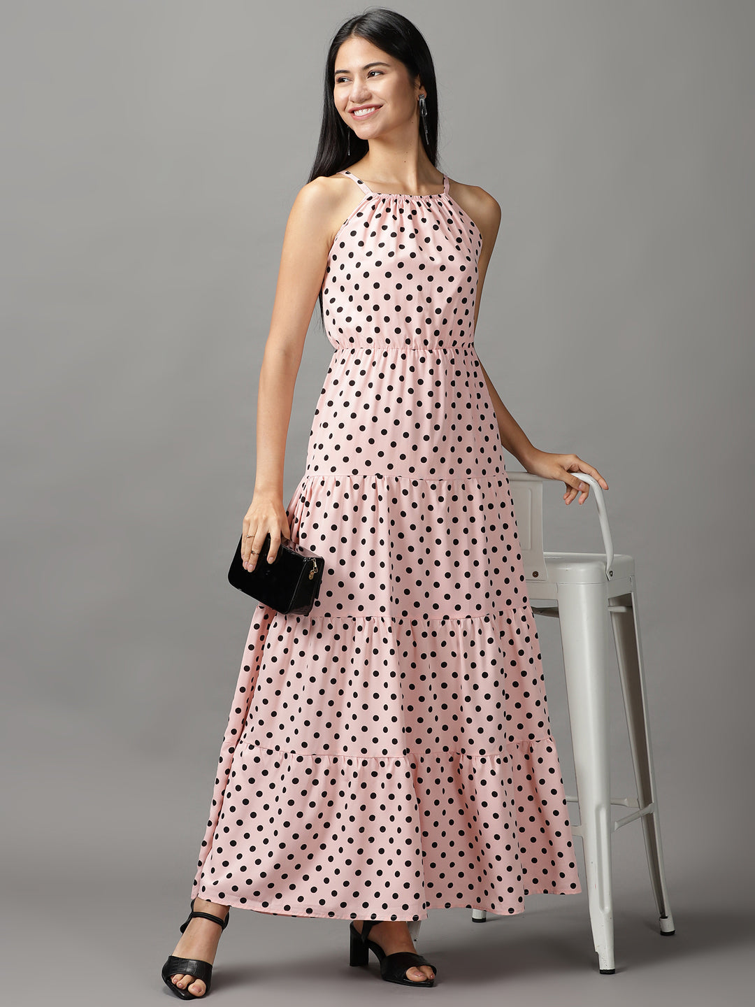 Women's Pink Polka Dots Fit and Flare Dress