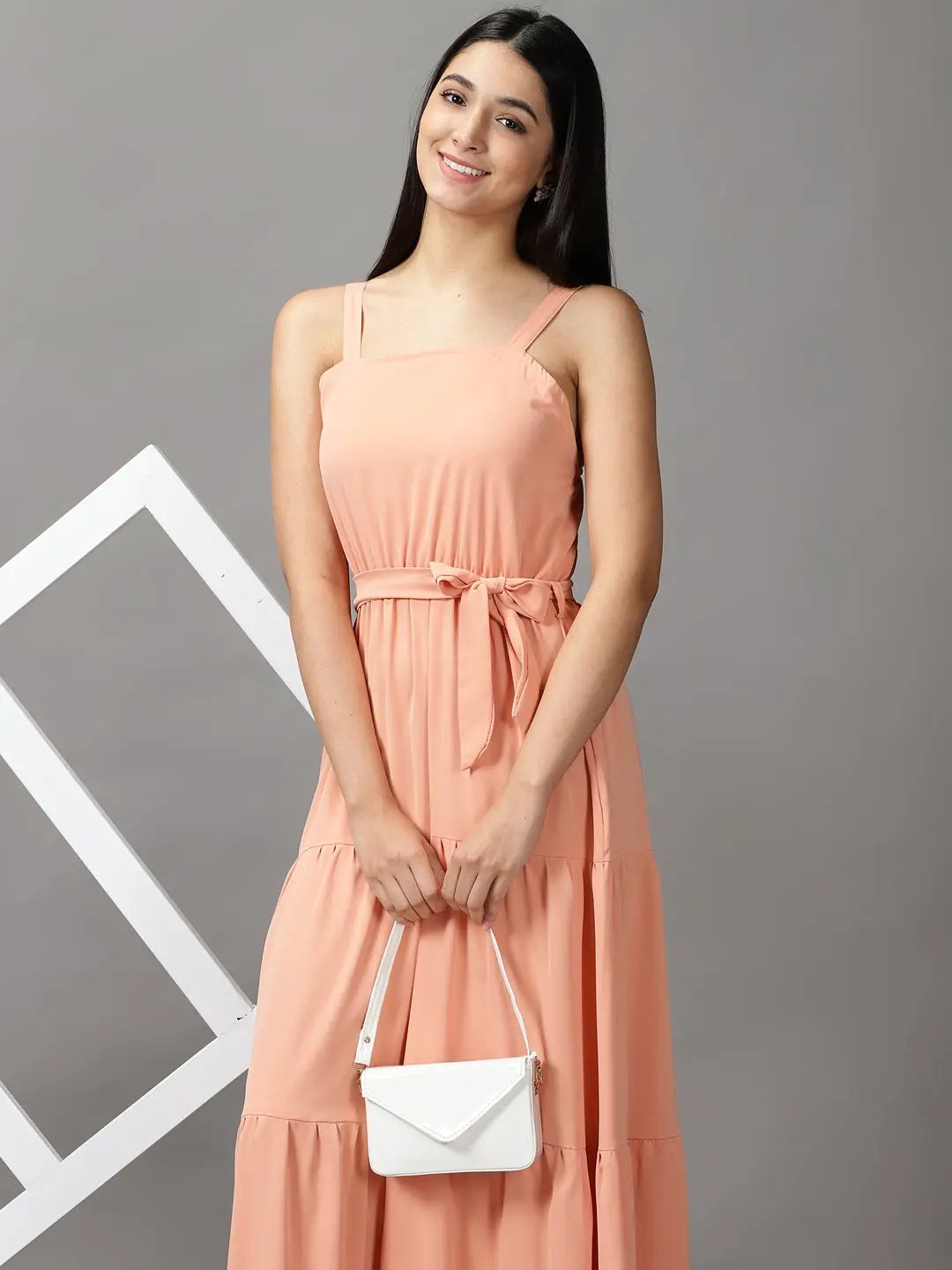 Shop Women's Peach Shoulder Straps Fit & Flare Maxi Dress| Showoffff Shop Women's Peach Shoulder Straps Fit & Flare Maxi Dress| Showoffff