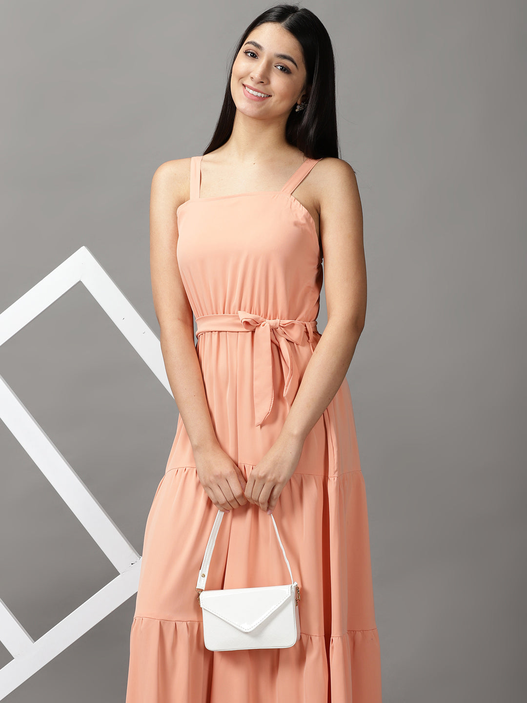 Women's Peach Solid Fit and Flare Dress