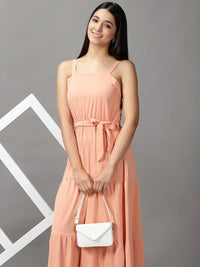 Women's Peach Shoulder Straps Fit & Flare Maxi Dress