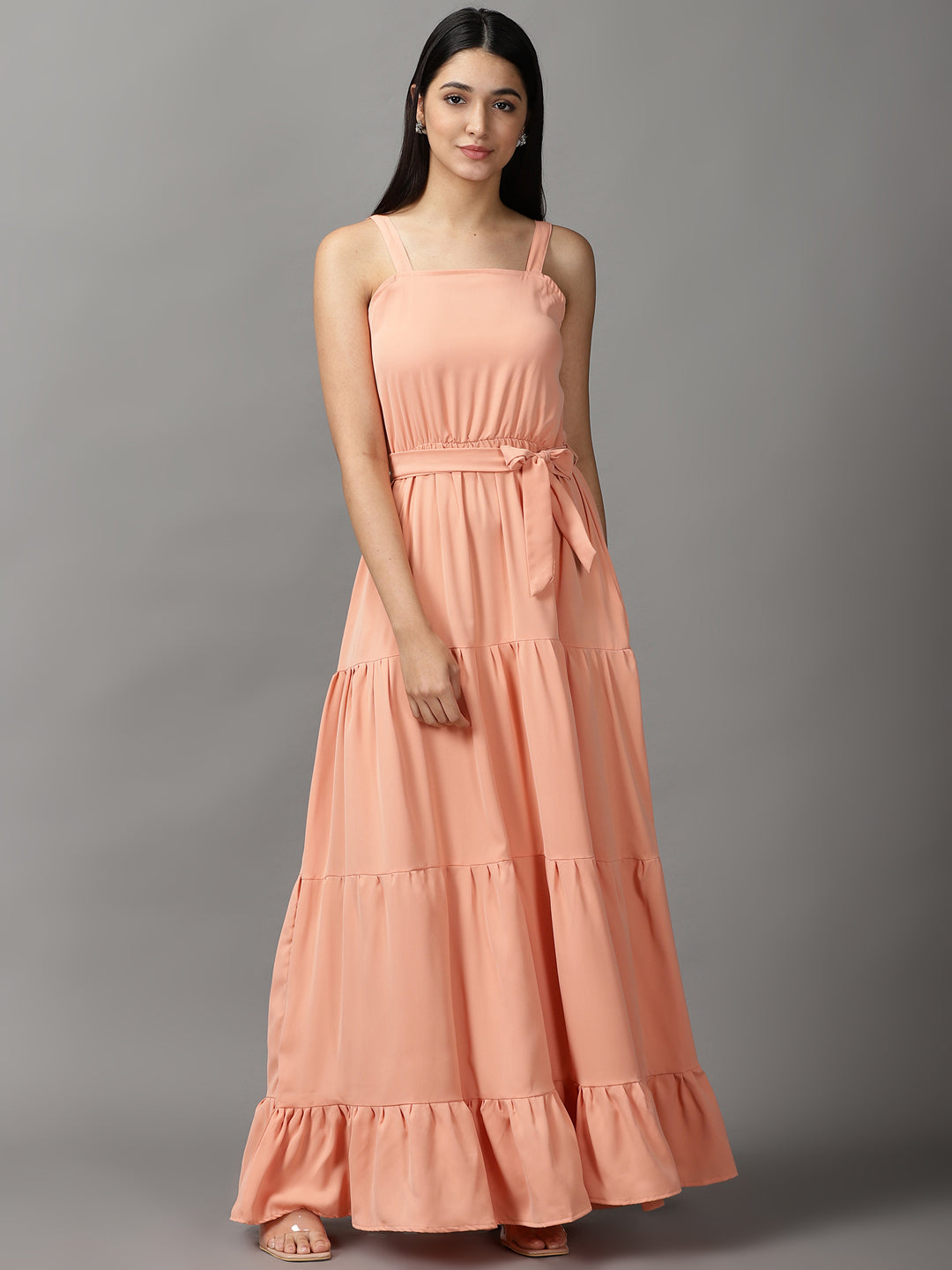 Women's Peach Solid Fit and Flare Dress