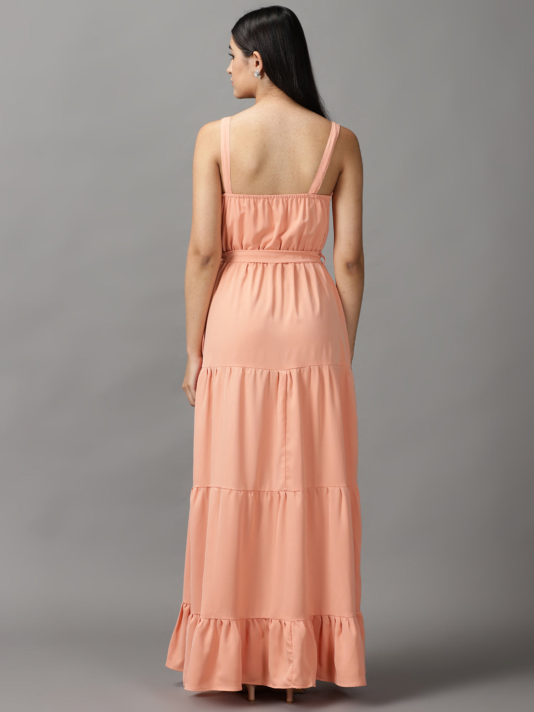 Women's Peach Solid Fit and Flare Dress