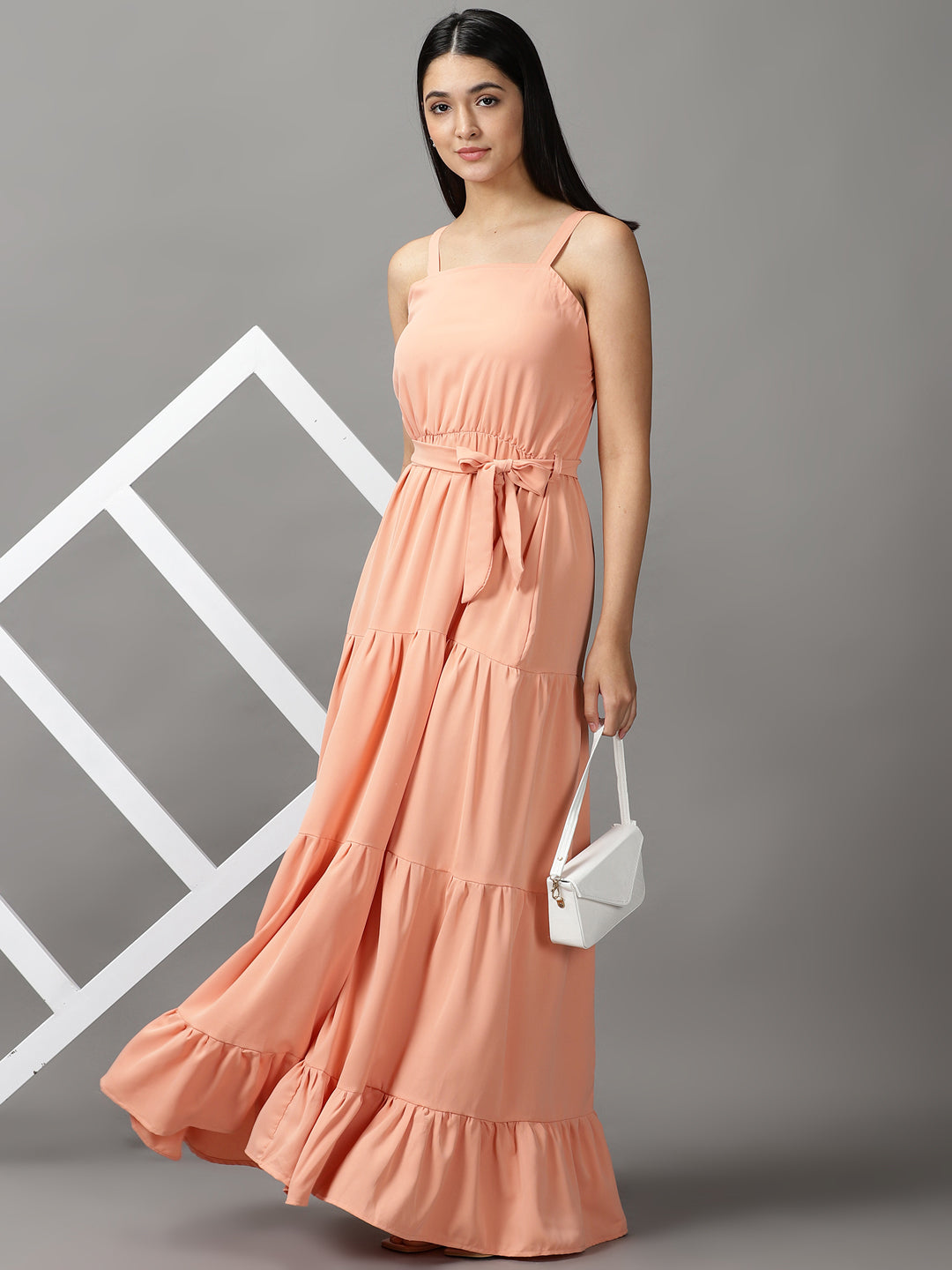 Women's Peach Solid Fit and Flare Dress