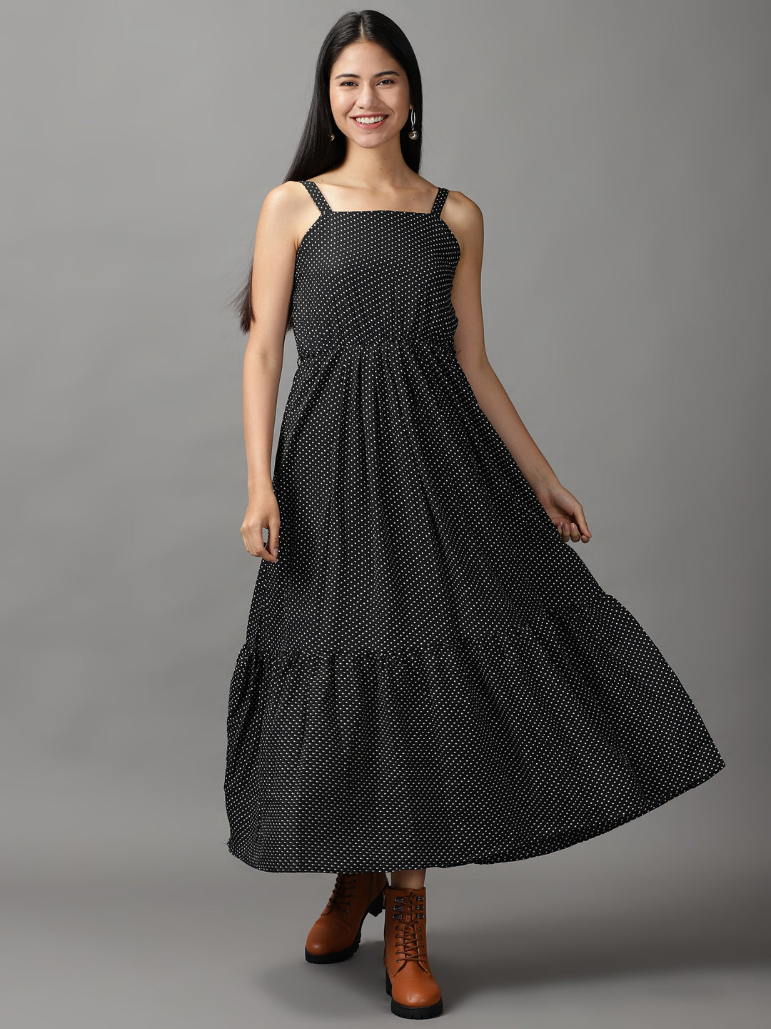 Women's Black Polka Dots Fit and Flare Dress