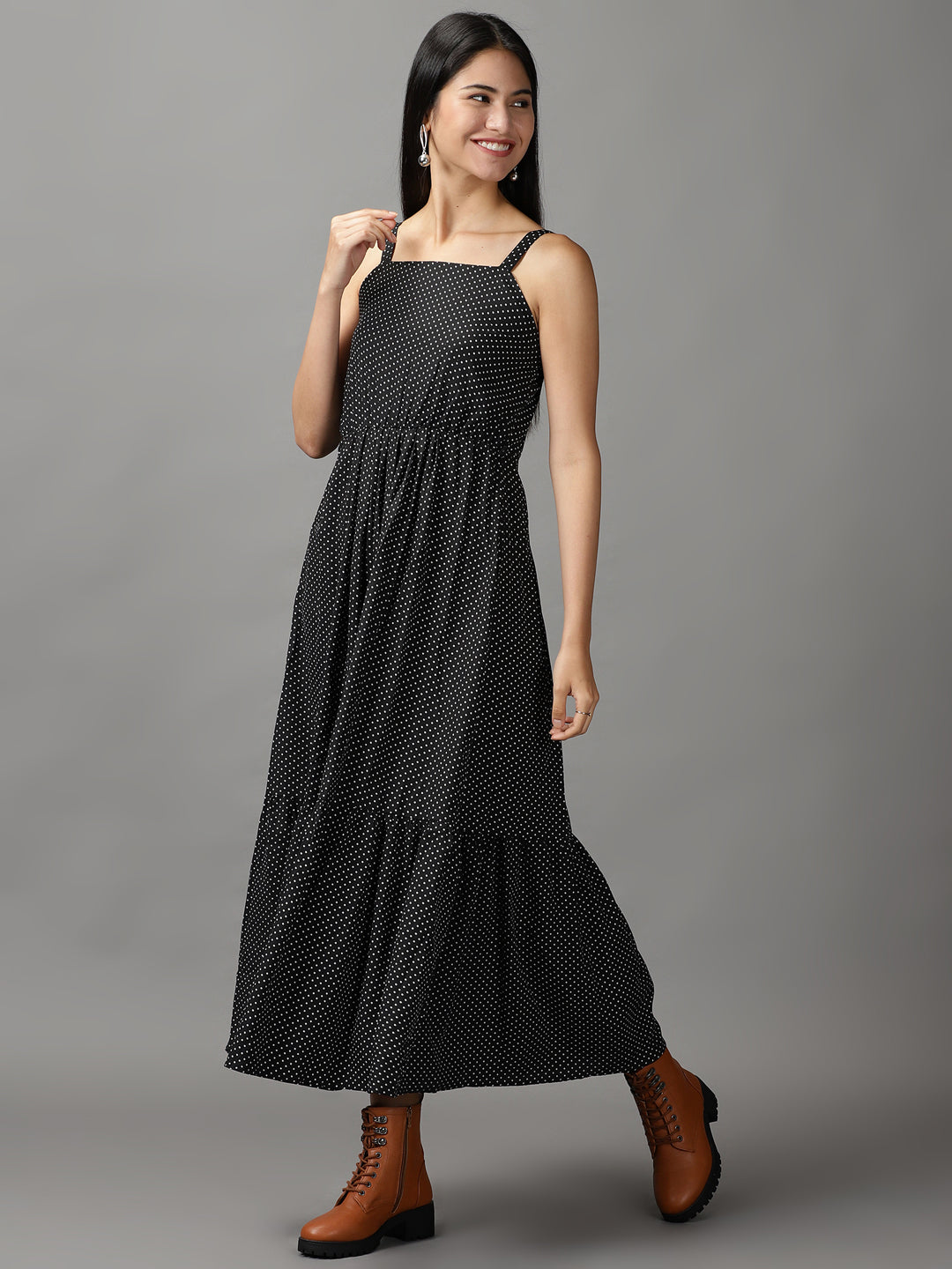 Women's Black Polka Dots Fit and Flare Dress