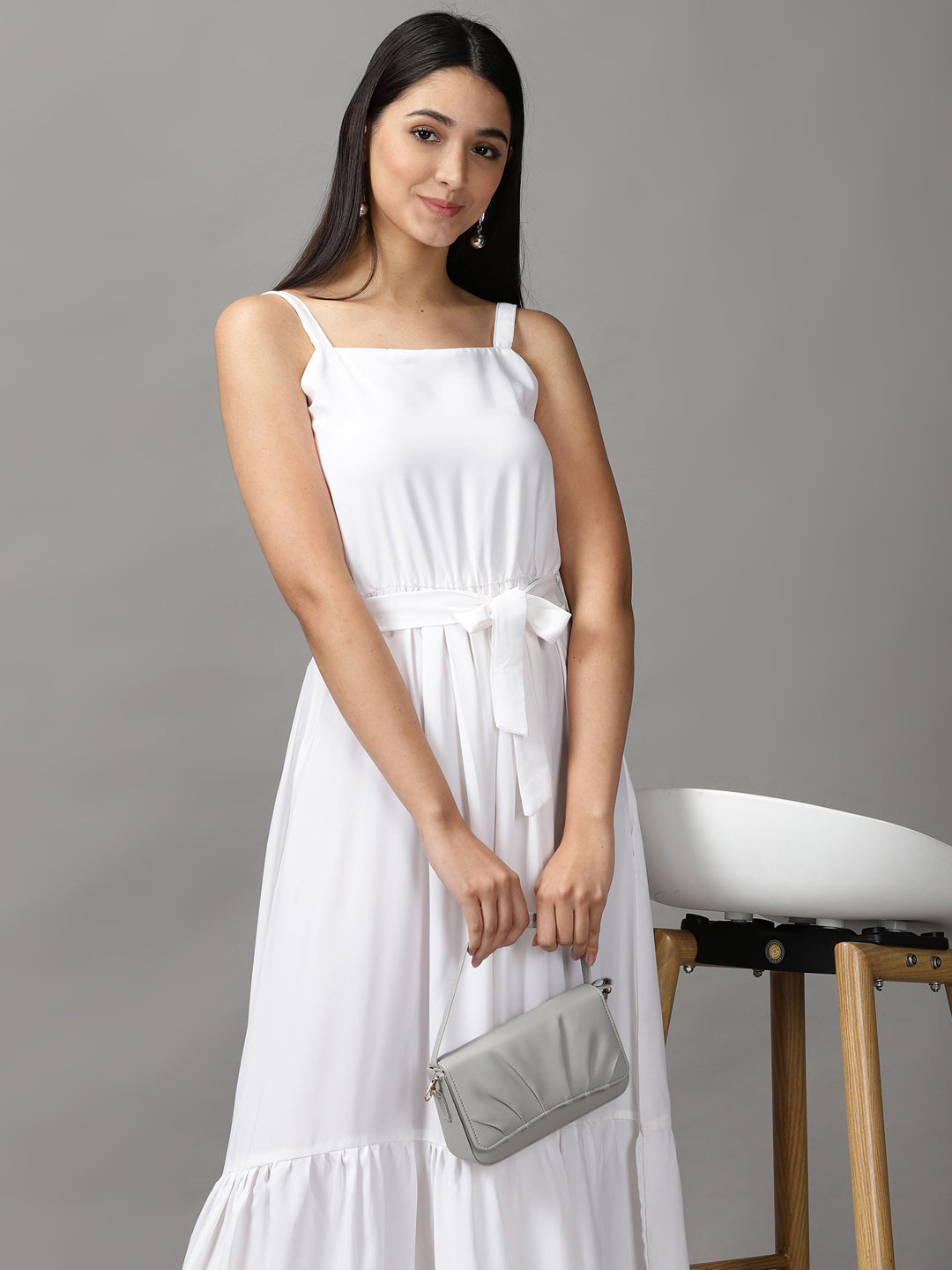 Women's White Solid Fit and Flare Dress