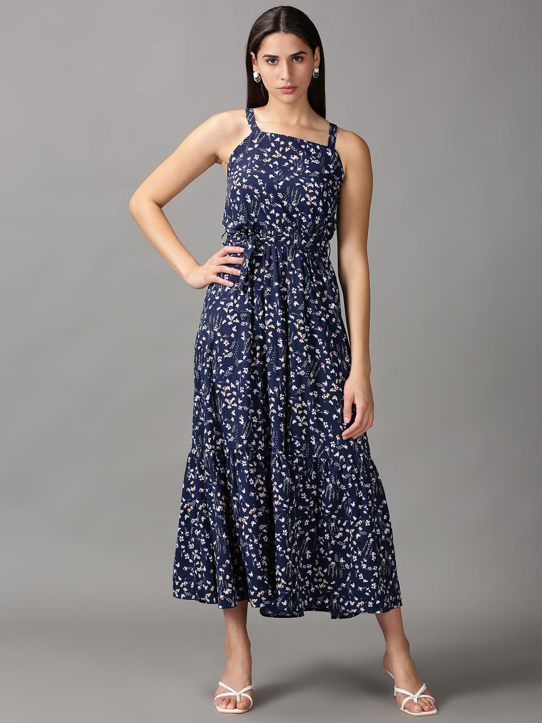 Women's Navy Blue Floral Fit and Flare Dress