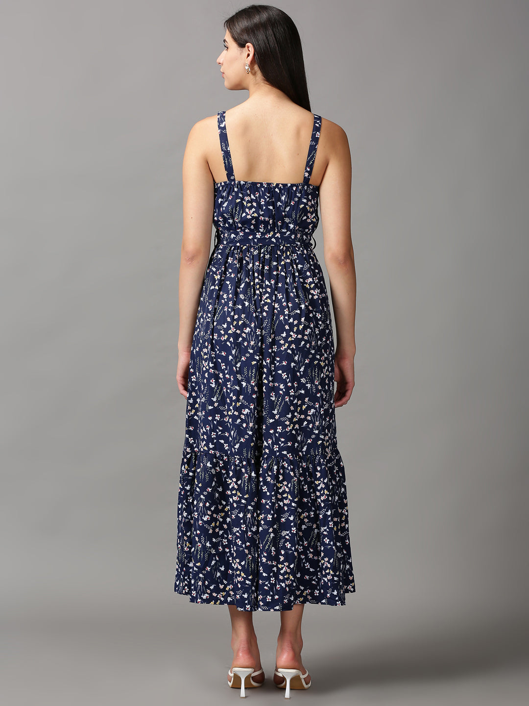 Women's Navy Blue Floral Fit and Flare Dress