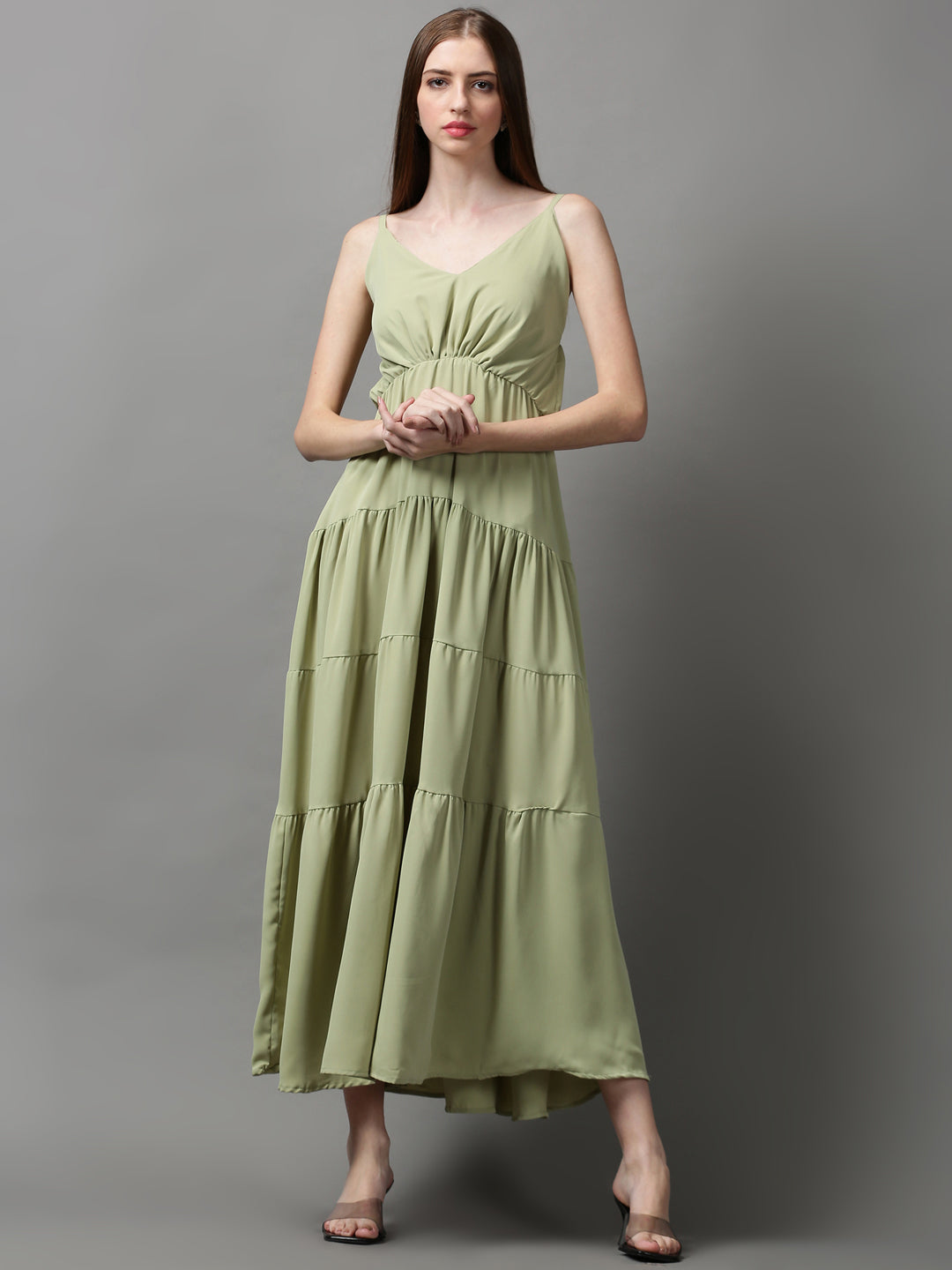 Women's Green Solid Fit and Flare Dress