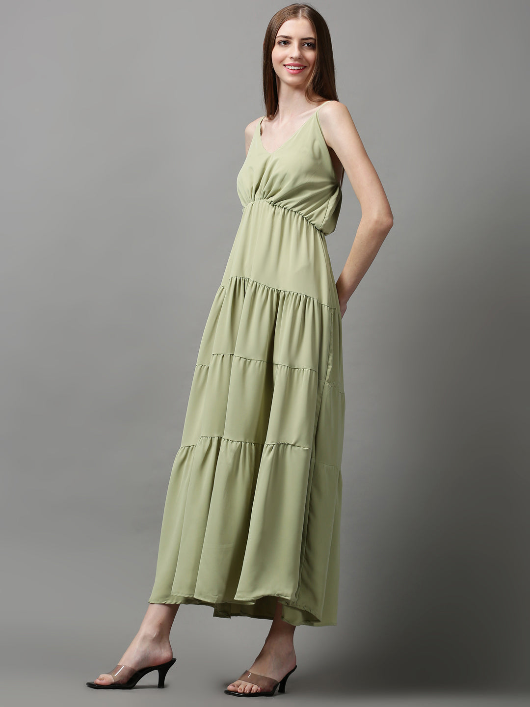 Women's Green Solid Fit and Flare Dress