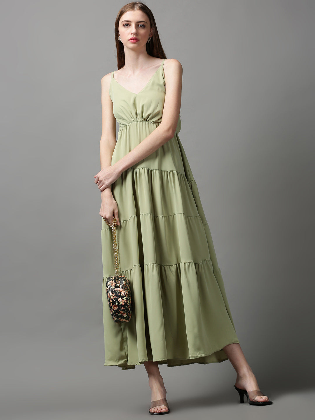 Women's Green Solid Fit and Flare Dress