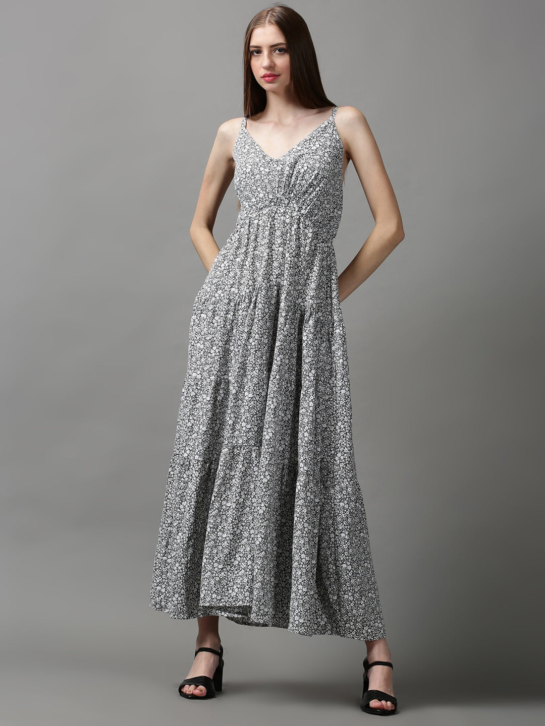 Women's Grey Printed Fit and Flare Dress