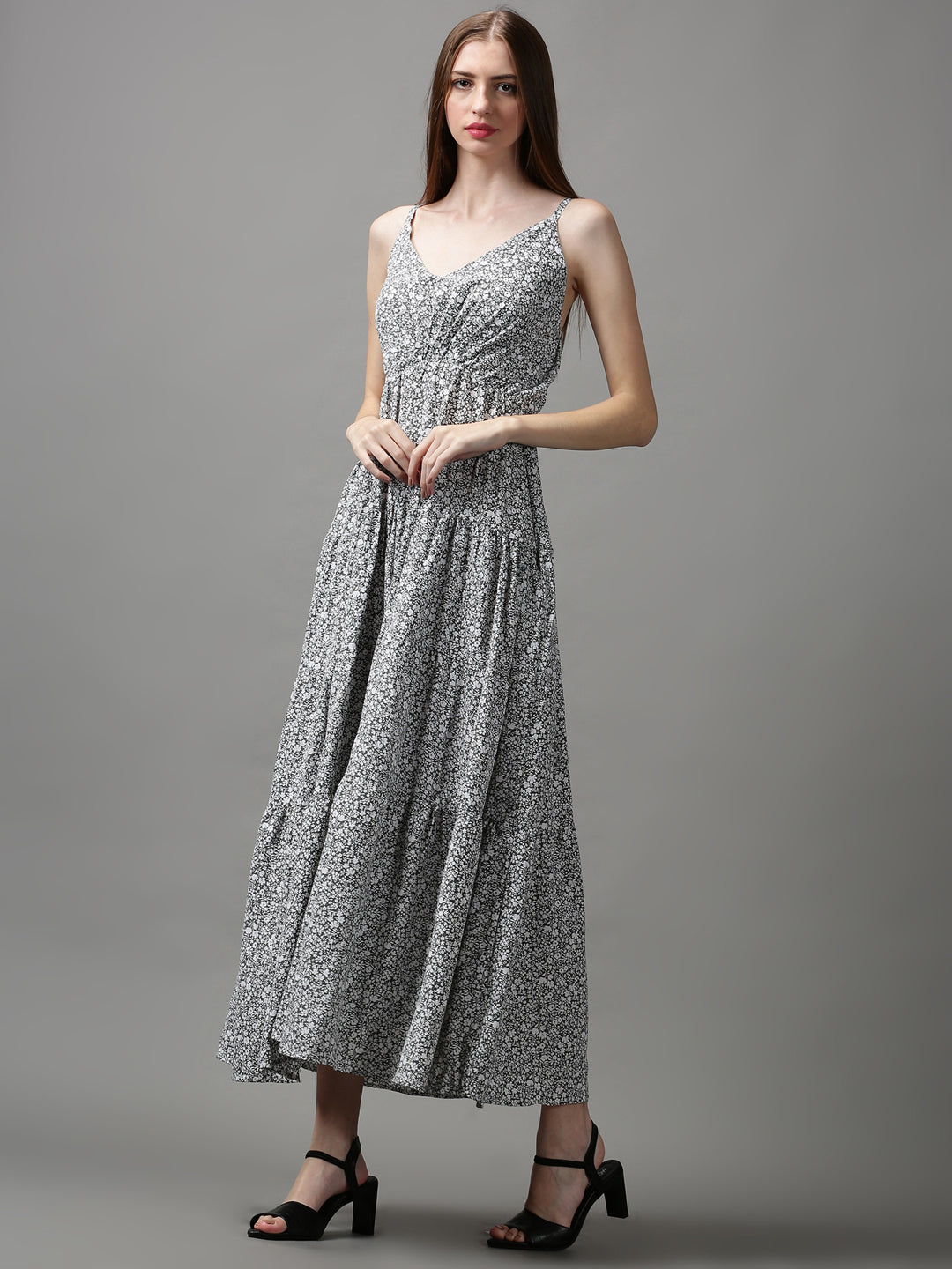 Women's Grey Printed Fit and Flare Dress