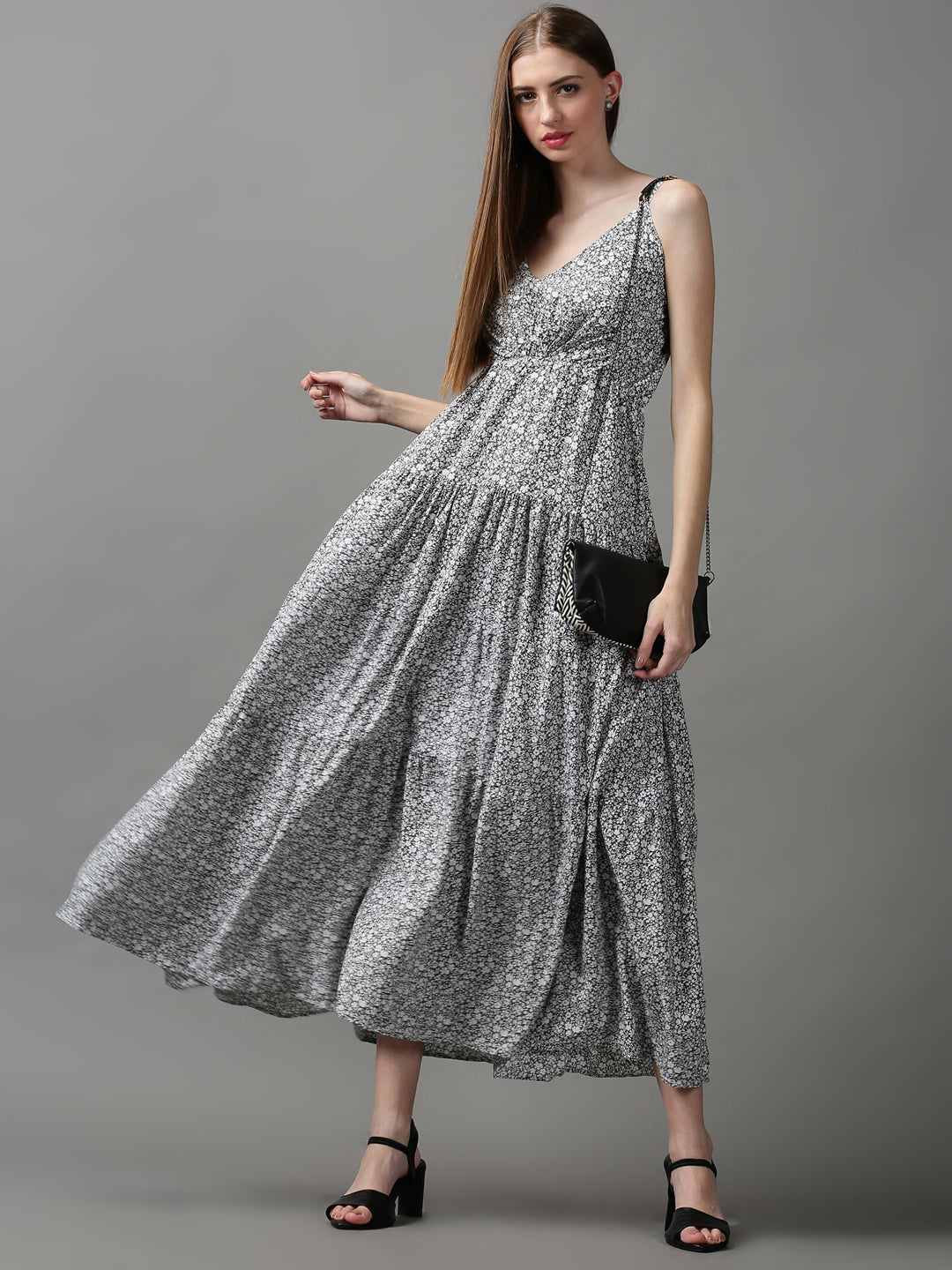 Women's Grey Printed Fit and Flare Dress