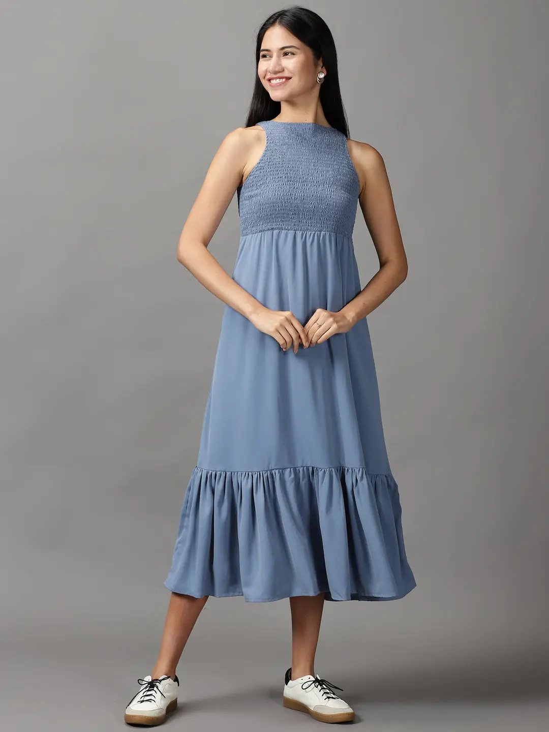 Women's Blue Solid Fit and Flare Dress