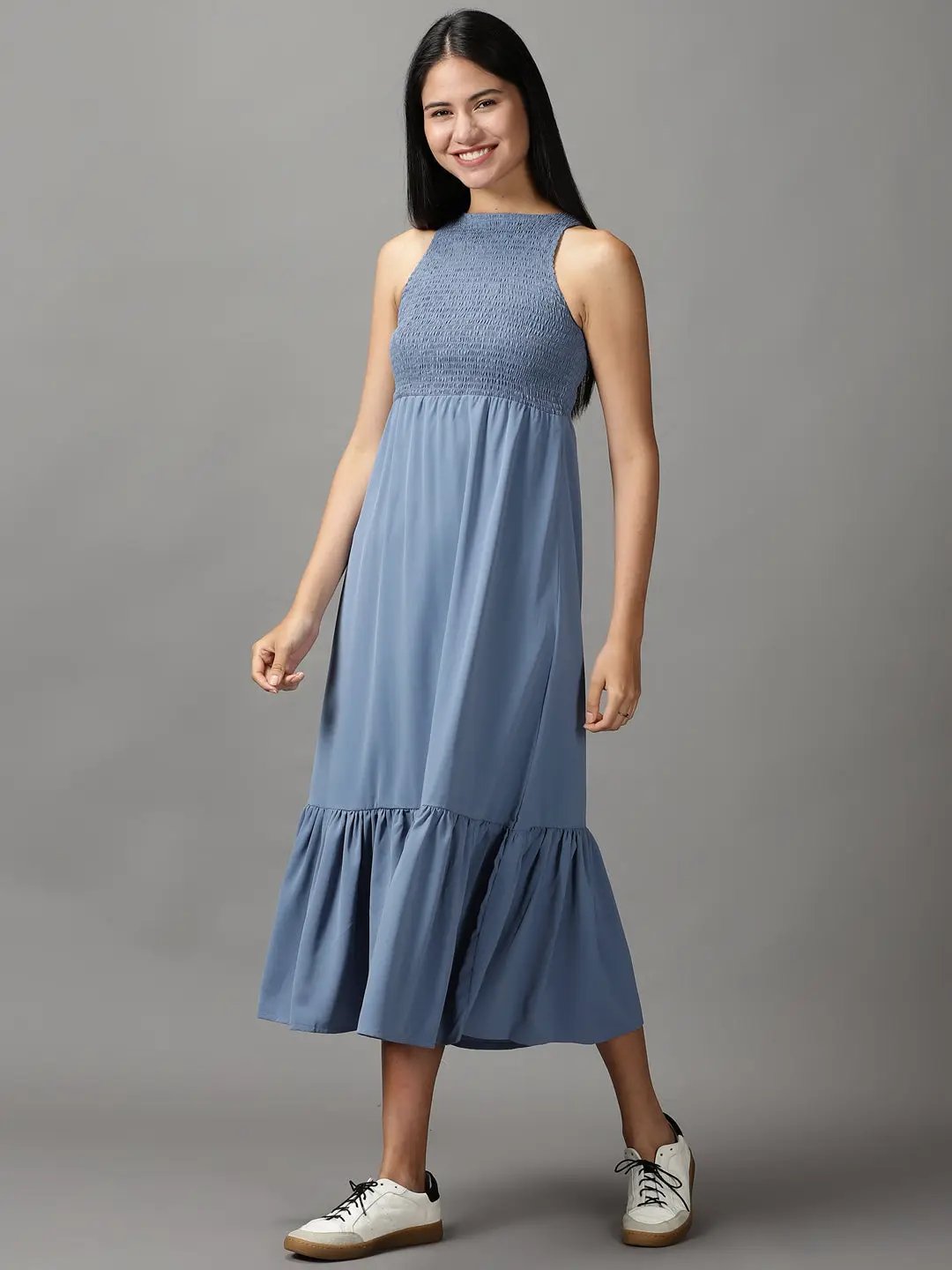 Women's Blue Solid Fit and Flare Dress