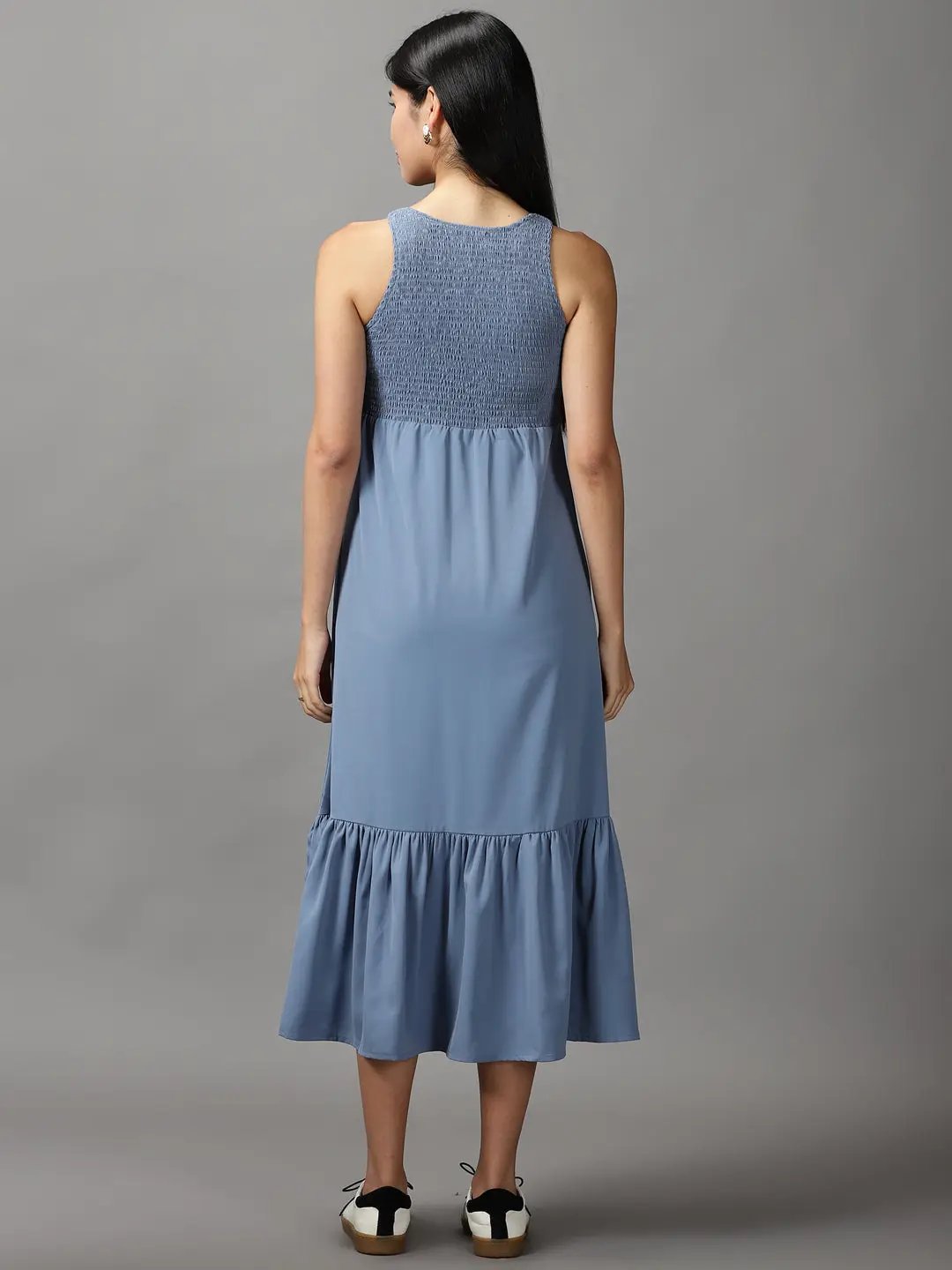 Women's Blue Solid Fit and Flare Dress