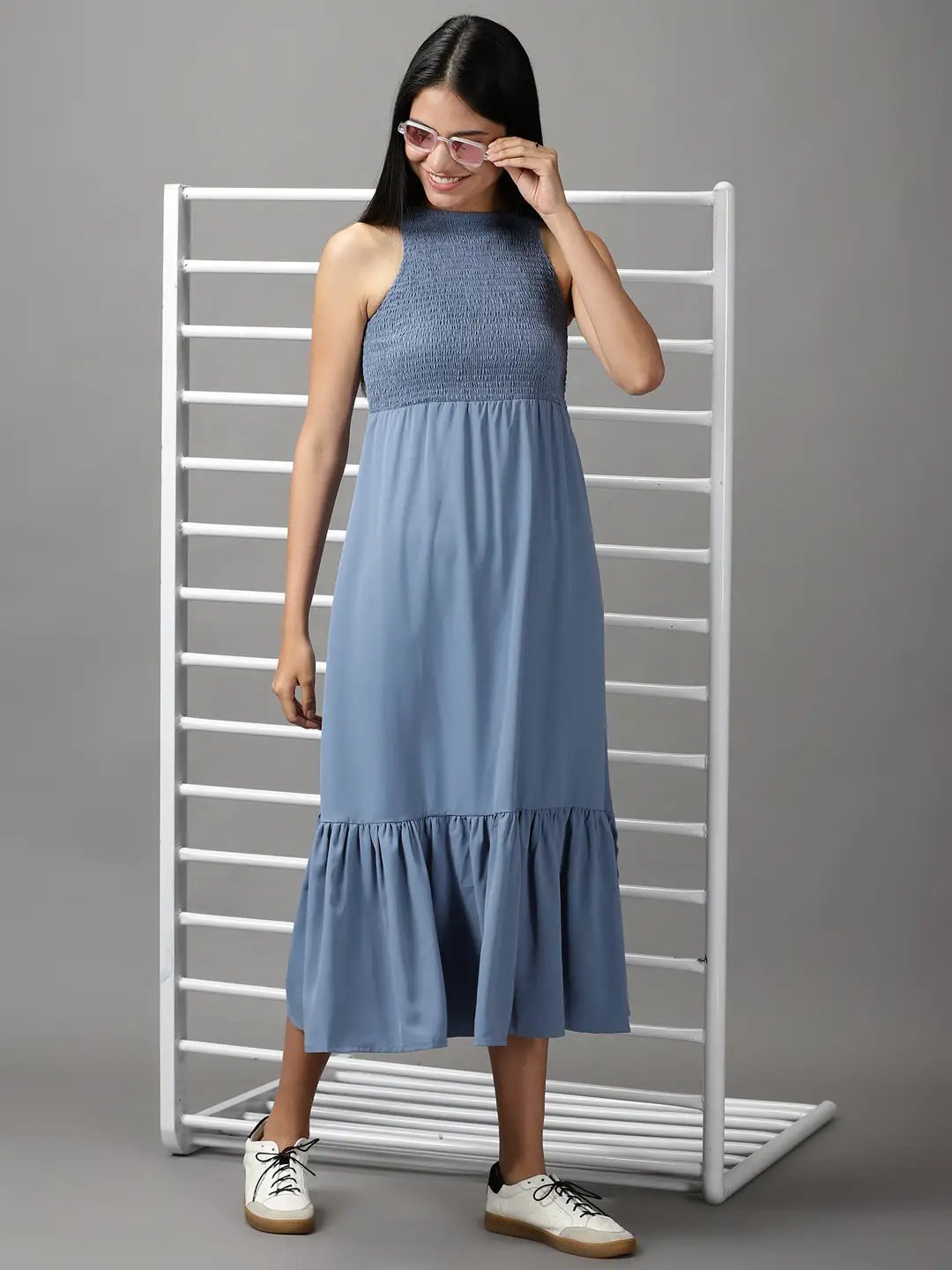 Women's Blue Solid Fit and Flare Dress