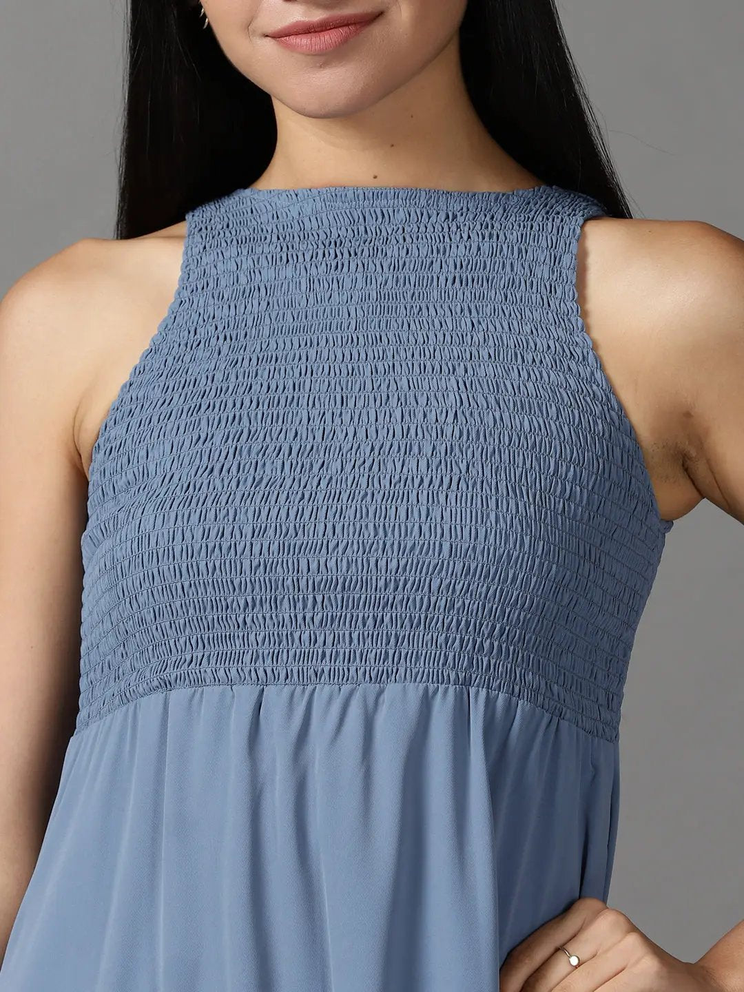 Women's Blue Solid Fit and Flare Dress