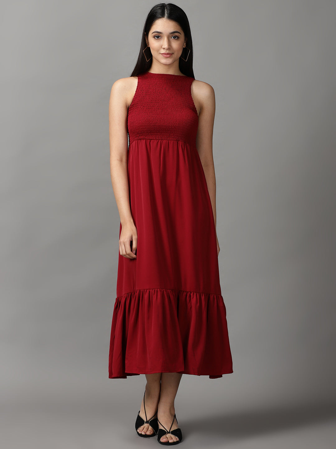 Women's Maroon Solid Fit and Flare Dress