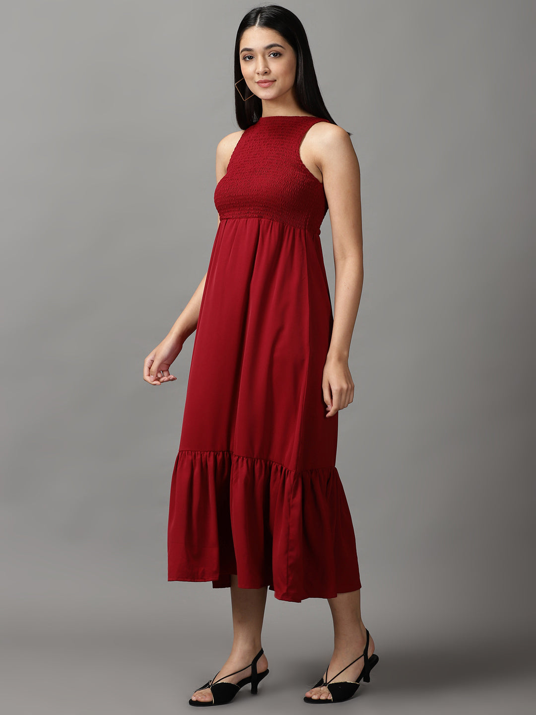 Women's Maroon Solid Fit and Flare Dress