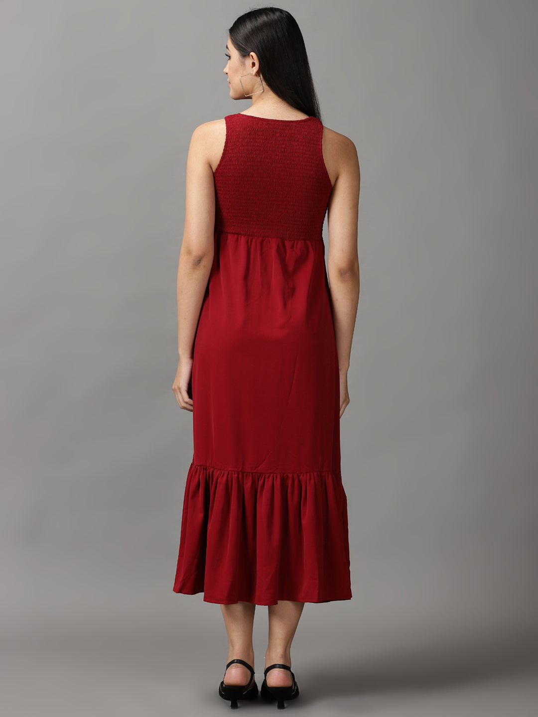 Women's Maroon Solid Fit and Flare Dress