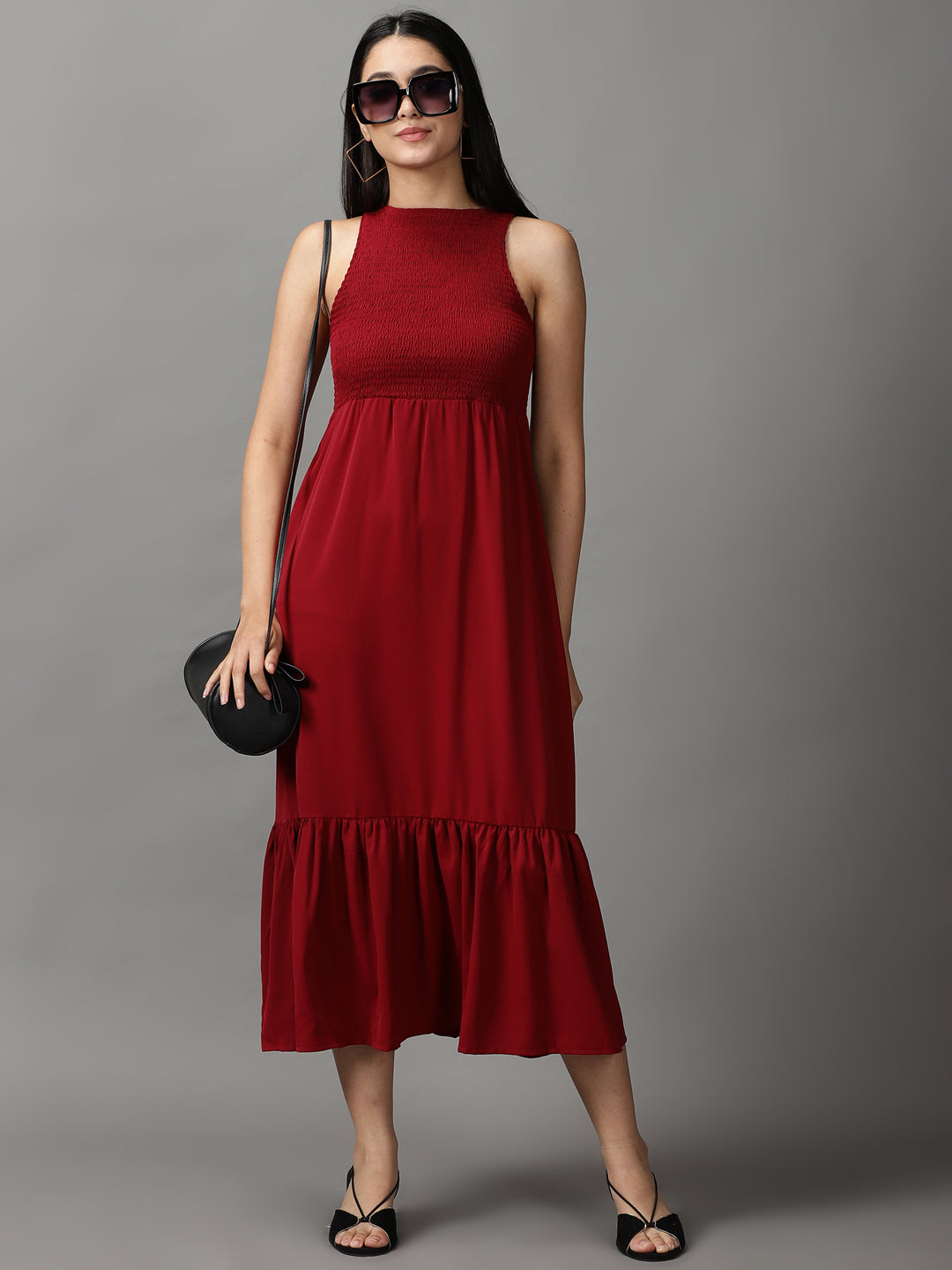 Women's Maroon Solid Fit and Flare Dress