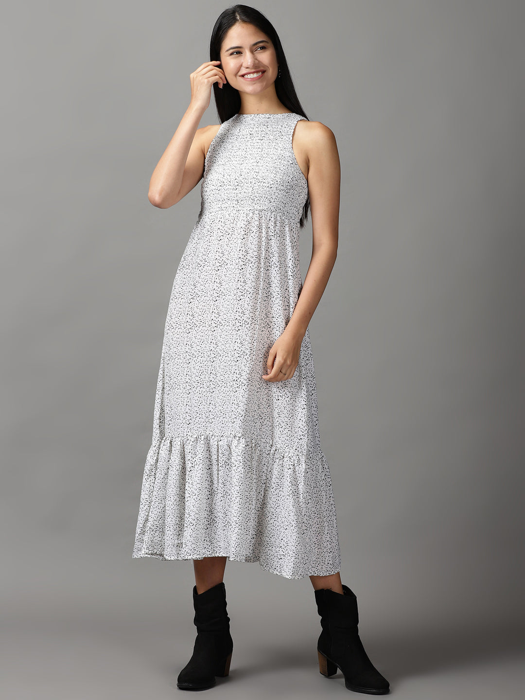 Women's White Printed Fit and Flare Dress