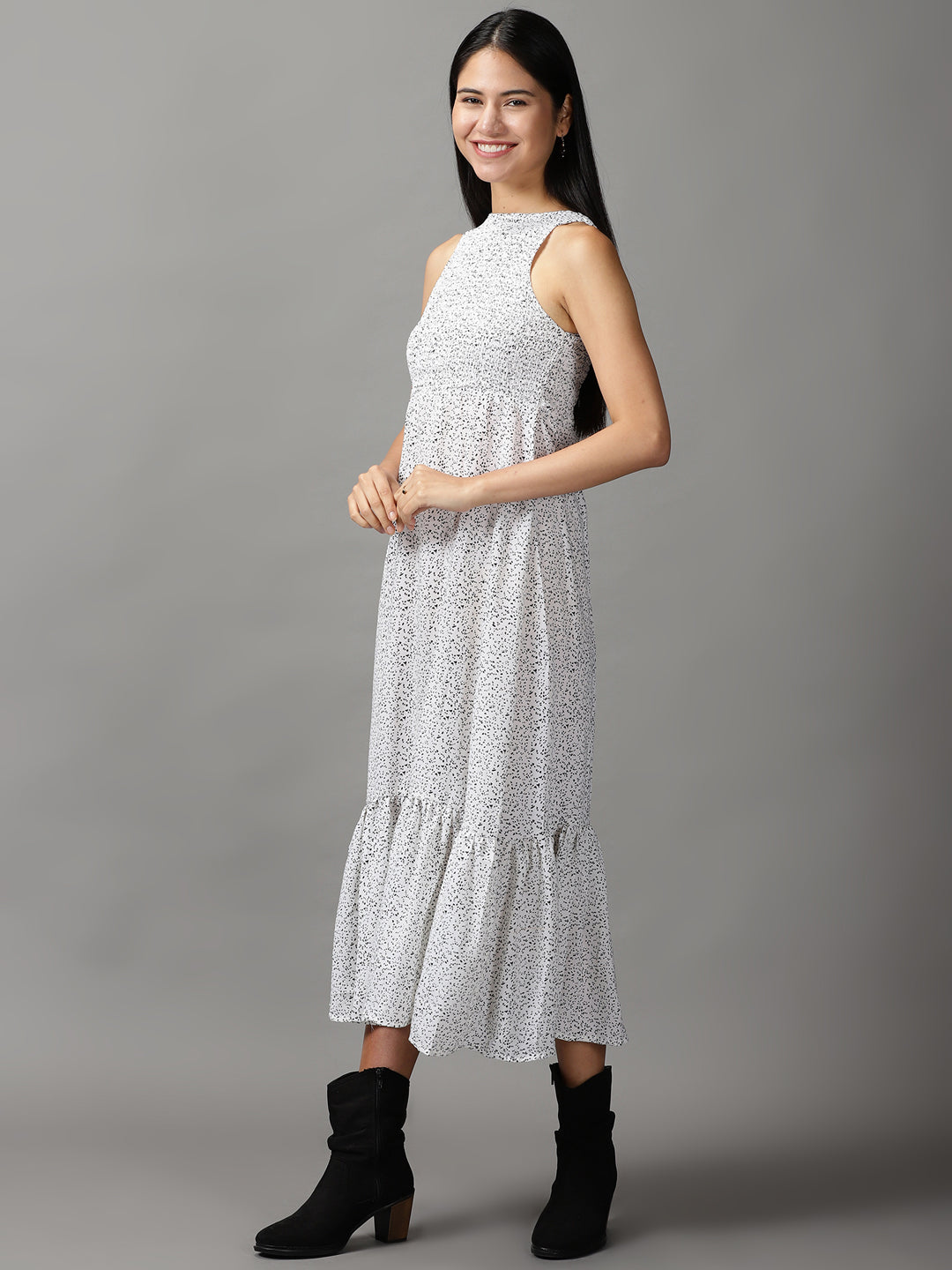 Women's White Printed Fit and Flare Dress