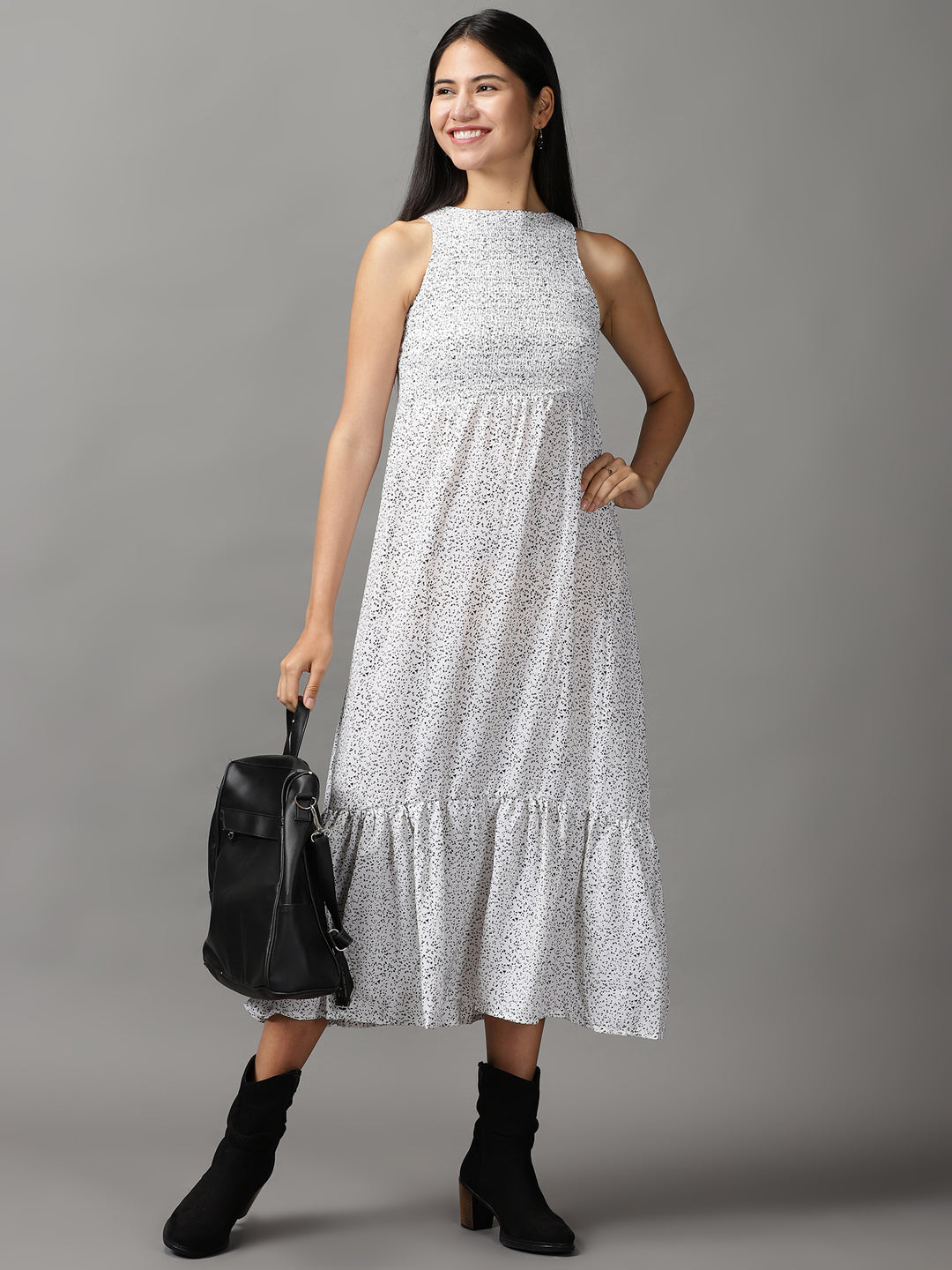 Women's White Printed Fit and Flare Dress