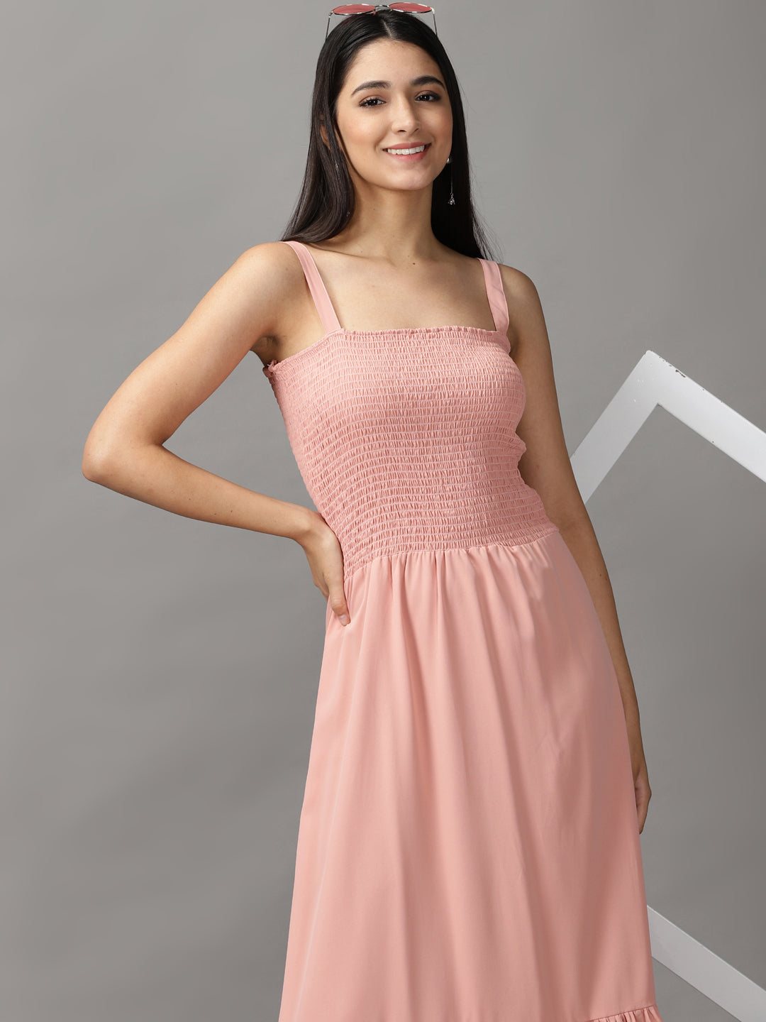 Women's Peach Solid Fit and Flare Dress