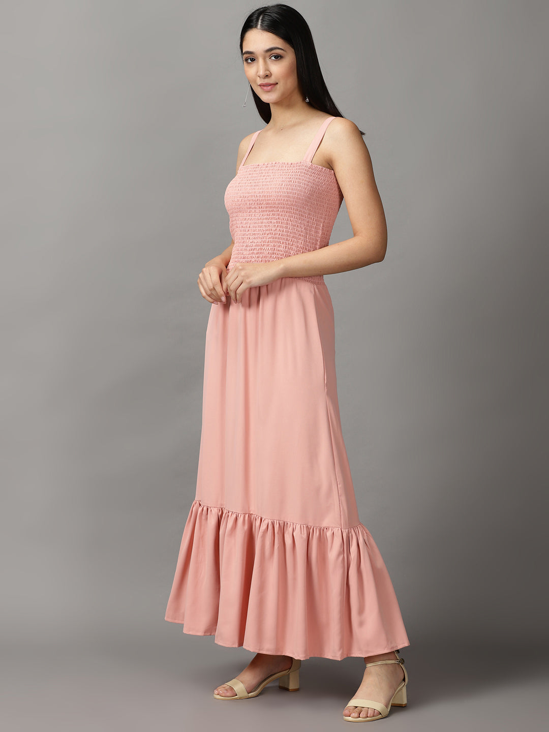 Women's Peach Solid Fit and Flare Dress