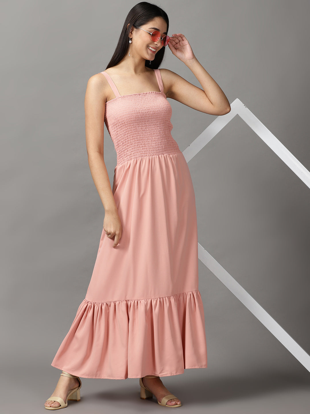 Women's Peach Solid Fit and Flare Dress