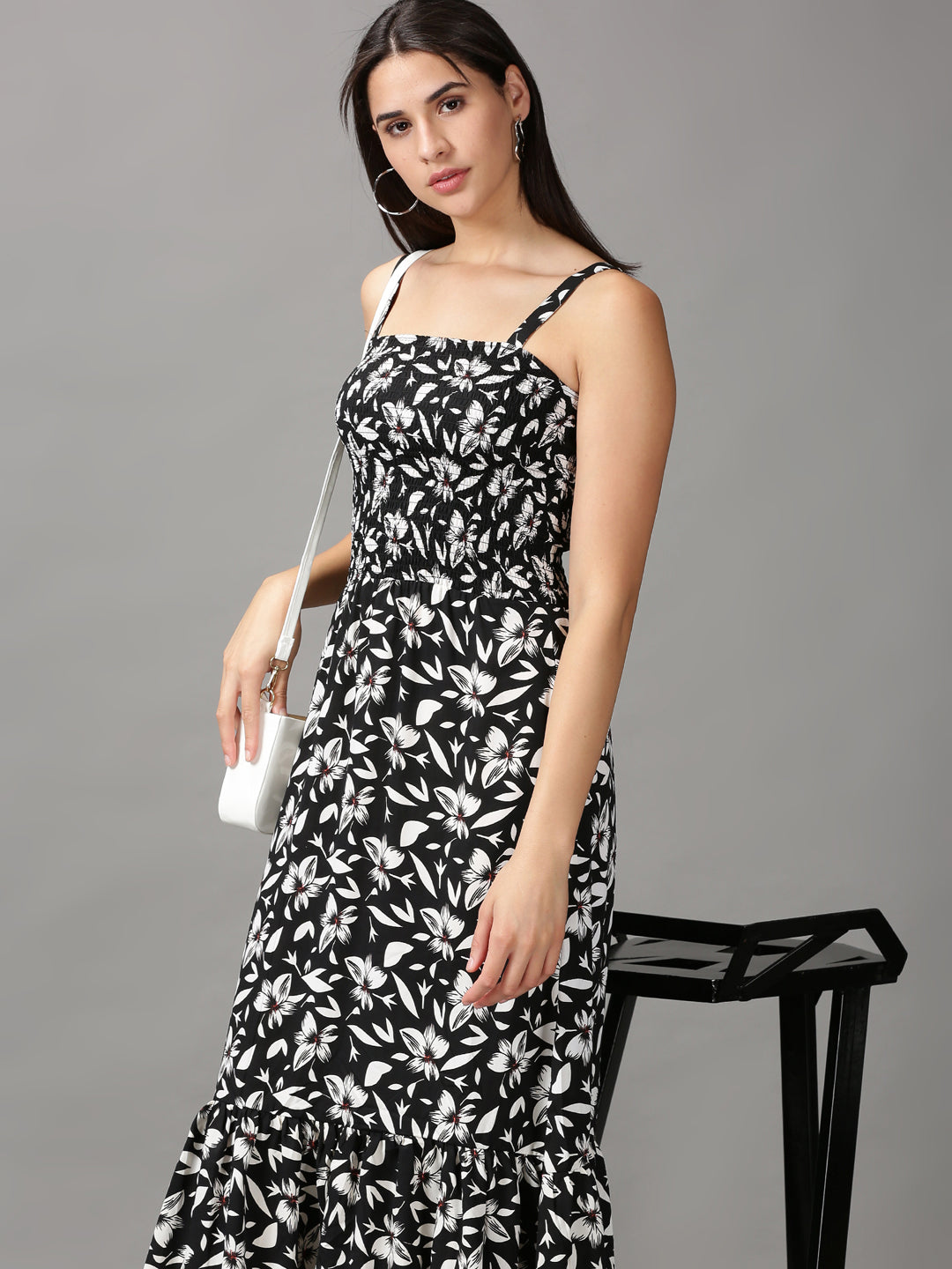 Women's Black Printed Fit and Flare Dress