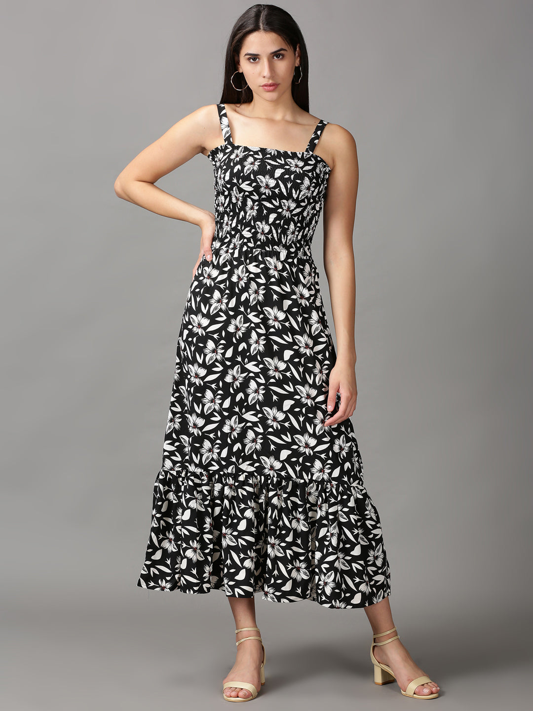 Women's Black Printed Fit and Flare Dress