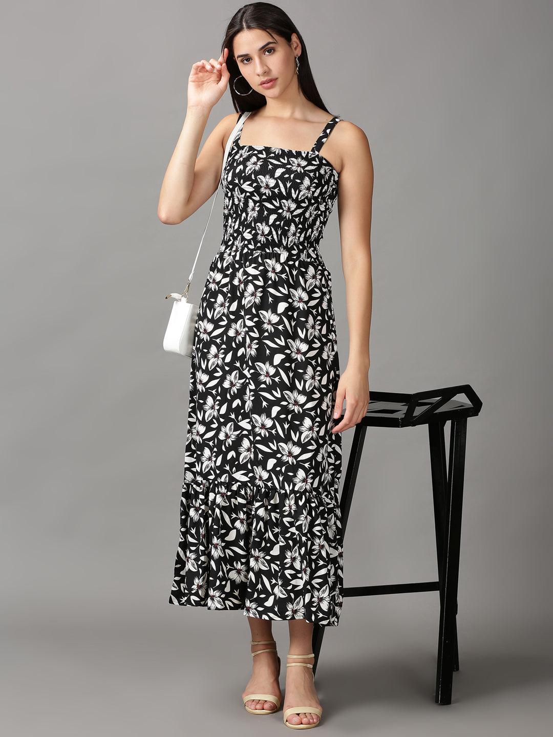 Women's Black Printed Fit and Flare Dress