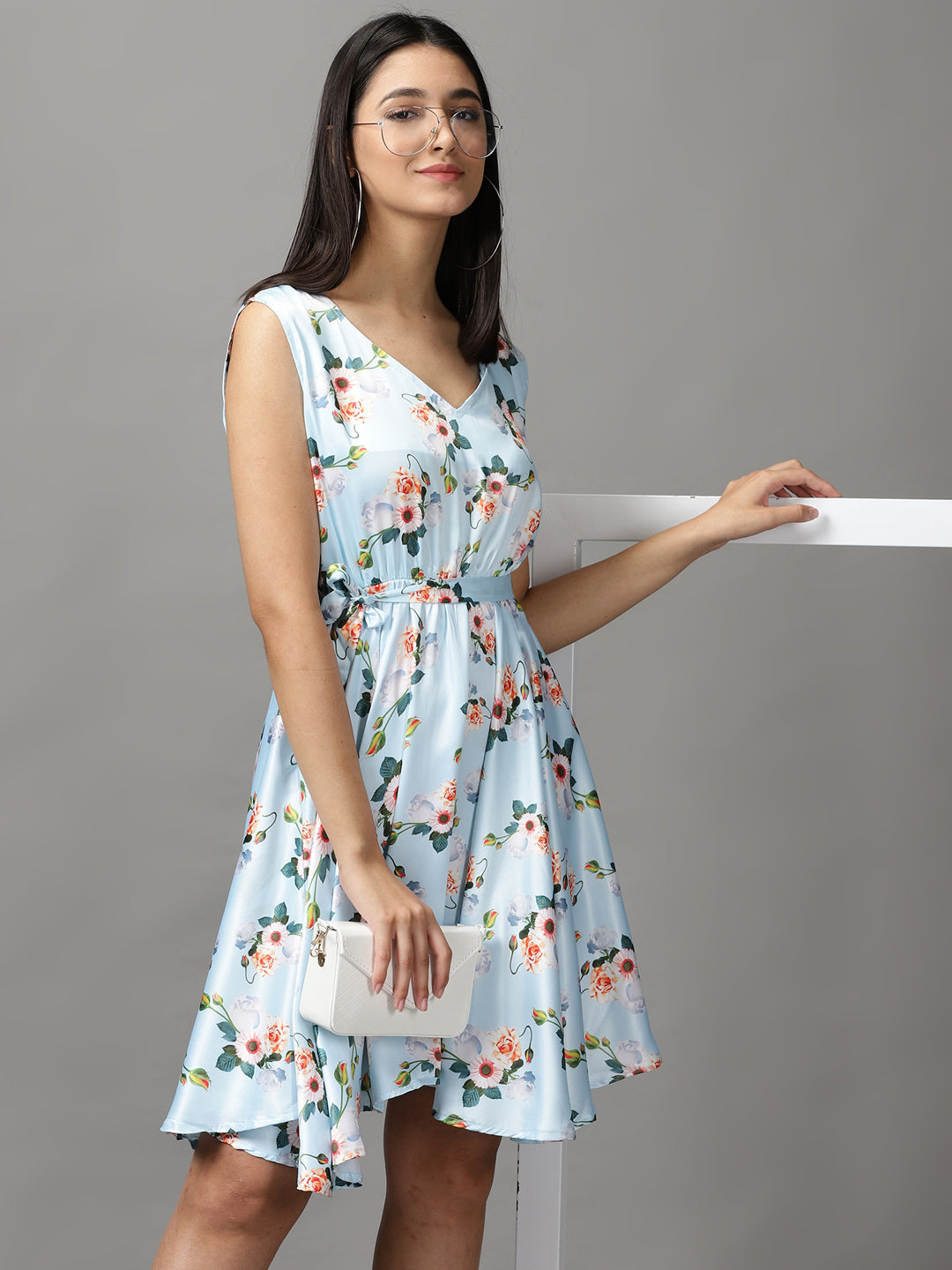 Women's Blue Floral Fit and Flare Dress