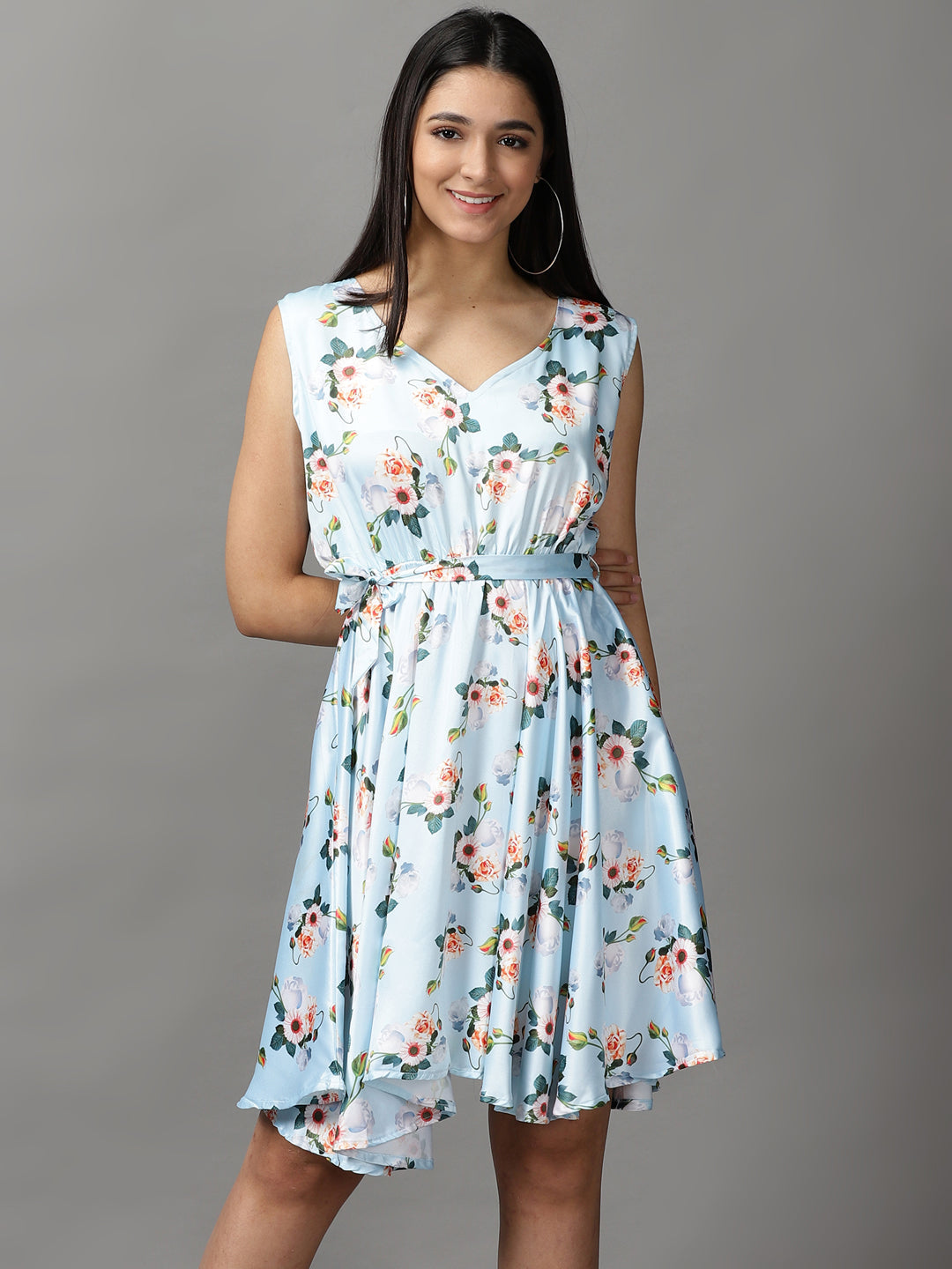 Women's Blue Floral Fit and Flare Dress